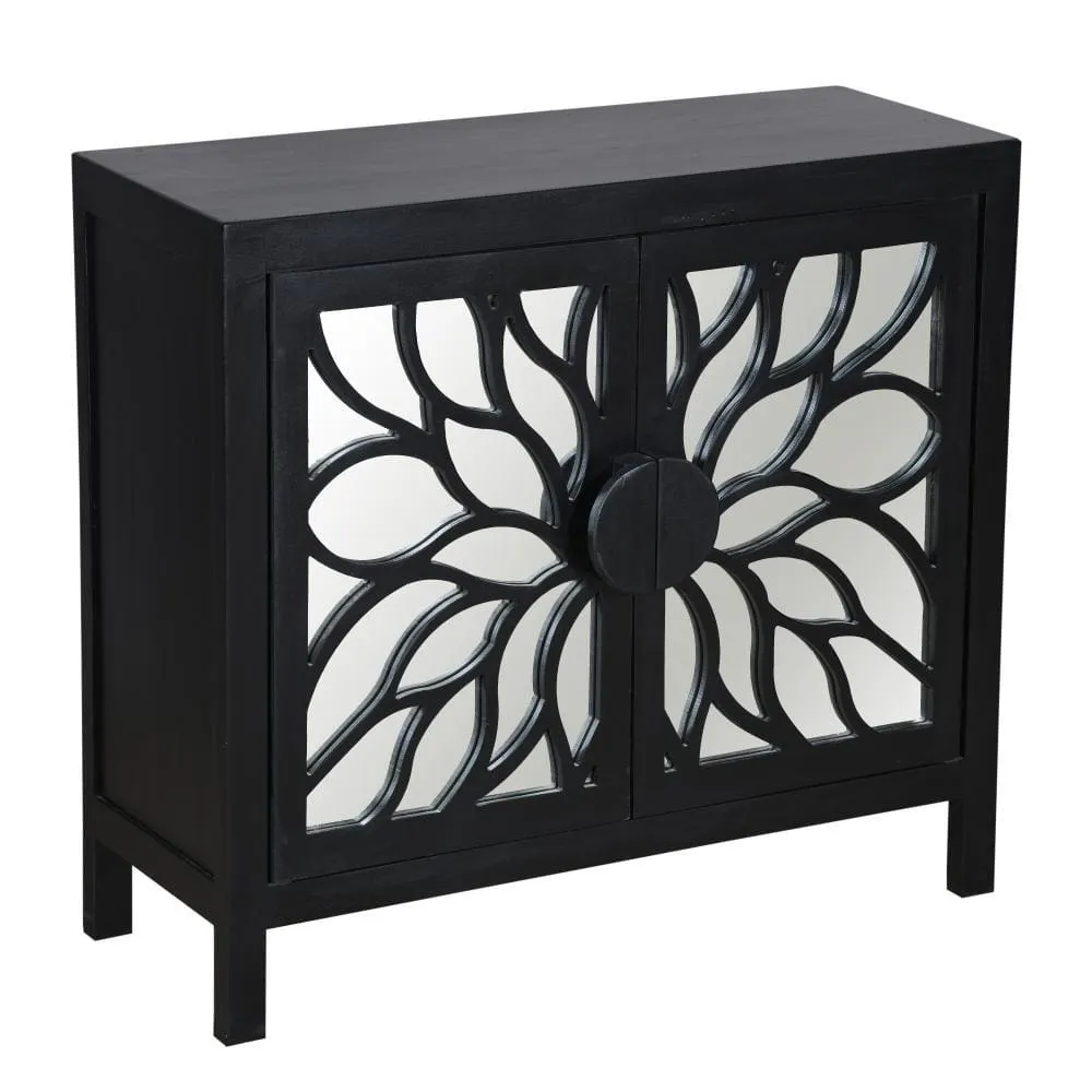 32" Rustic Accent Storage Cabinet with Flower Design Mirrored Front, Black By The Urban Port