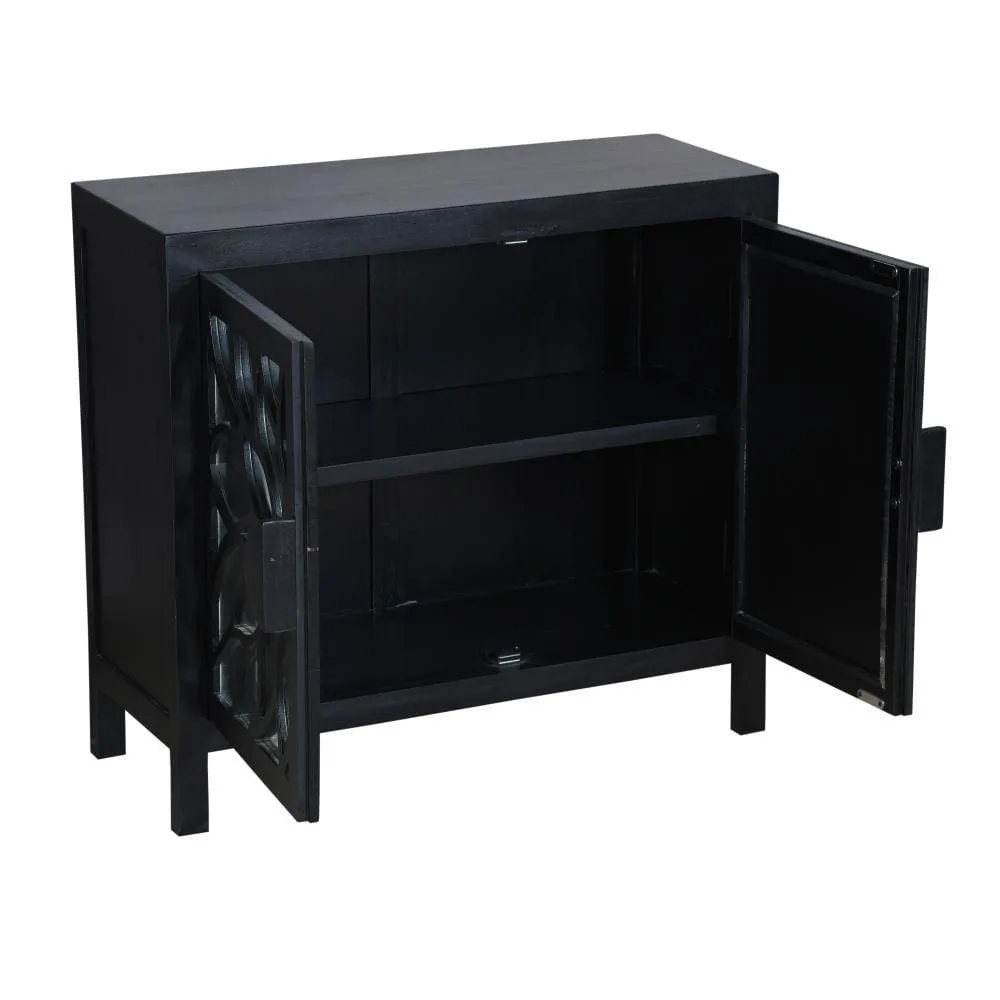 32" Rustic Accent Storage Cabinet with Flower Design Mirrored Front, Black By The Urban Port