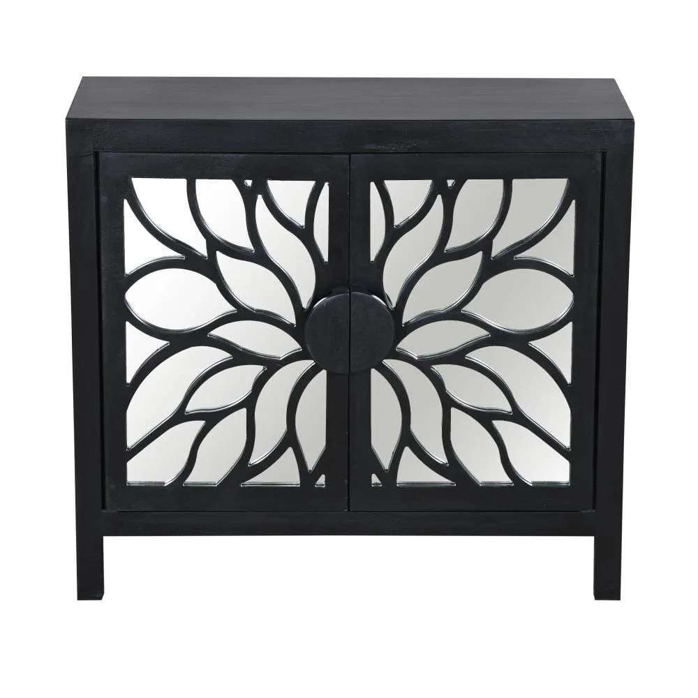 32" Rustic Accent Storage Cabinet with Flower Design Mirrored Front, Black By The Urban Port