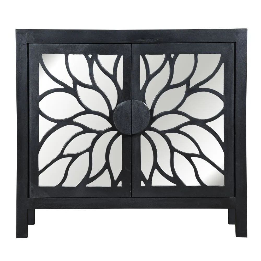 32" Rustic Accent Storage Cabinet with Flower Design Mirrored Front, Black By The Urban Port