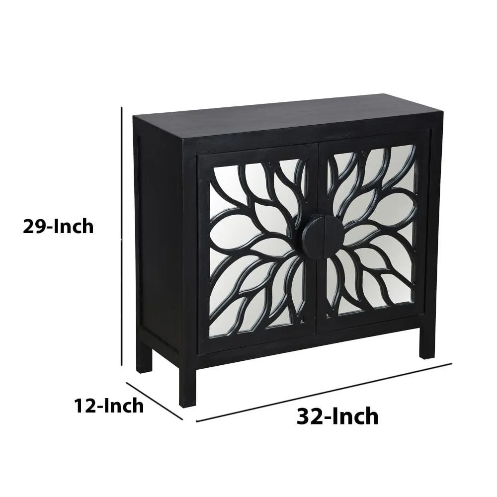 32" Rustic Accent Storage Cabinet with Flower Design Mirrored Front, Black By The Urban Port