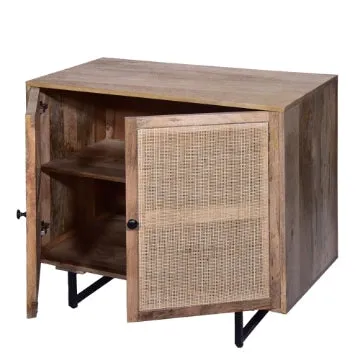 35 Inch Handcrafted Accent Cabinet with 2 Mesh Rattan Doors, Black Iron Legs, Natural Brown Mango Wood Frame  By The Urban Port