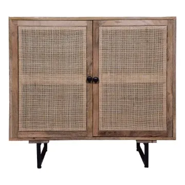 35 Inch Handcrafted Accent Cabinet with 2 Mesh Rattan Doors, Black Iron Legs, Natural Brown Mango Wood Frame  By The Urban Port