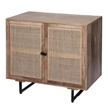 35 Inch Handcrafted Accent Cabinet with 2 Mesh Rattan Doors, Black Iron Legs, Natural Brown Mango Wood Frame  By The Urban Port