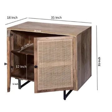 35 Inch Handcrafted Accent Cabinet with 2 Mesh Rattan Doors, Black Iron Legs, Natural Brown Mango Wood Frame  By The Urban Port