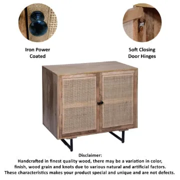 35 Inch Handcrafted Accent Cabinet with 2 Mesh Rattan Doors, Black Iron Legs, Natural Brown Mango Wood Frame  By The Urban Port