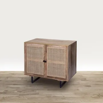 35 Inch Handcrafted Accent Cabinet with 2 Mesh Rattan Doors, Black Iron Legs, Natural Brown Mango Wood Frame  By The Urban Port