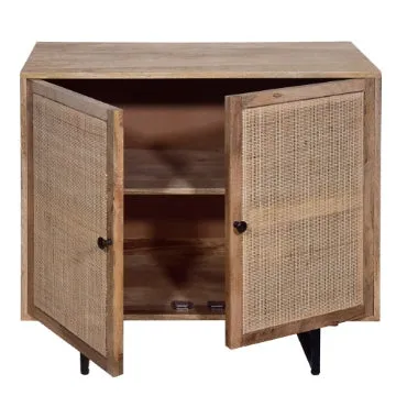 35 Inch Handcrafted Accent Cabinet with 2 Mesh Rattan Doors, Black Iron Legs, Natural Brown Mango Wood Frame  By The Urban Port