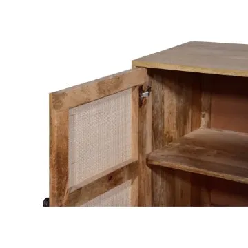 35 Inch Handcrafted Accent Cabinet with 2 Mesh Rattan Doors, Black Iron Legs, Natural Brown Mango Wood Frame  By The Urban Port