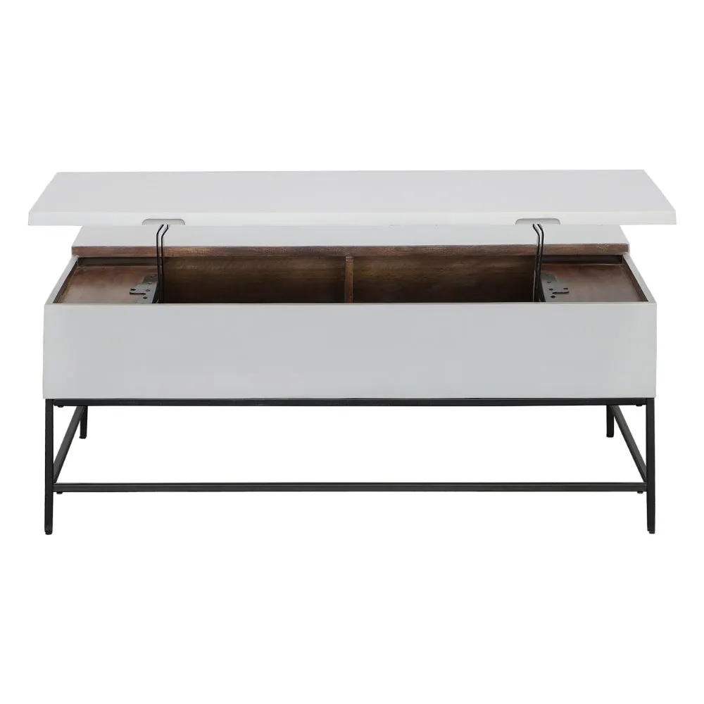 45 Inch Rectangular Mango Wood Coffee Table, Lift Top Storage, Iron Frame, White, Black - UPT-229062