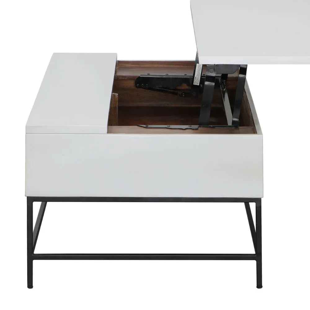 45 Inch Rectangular Mango Wood Coffee Table, Lift Top Storage, Iron Frame, White, Black - UPT-229062