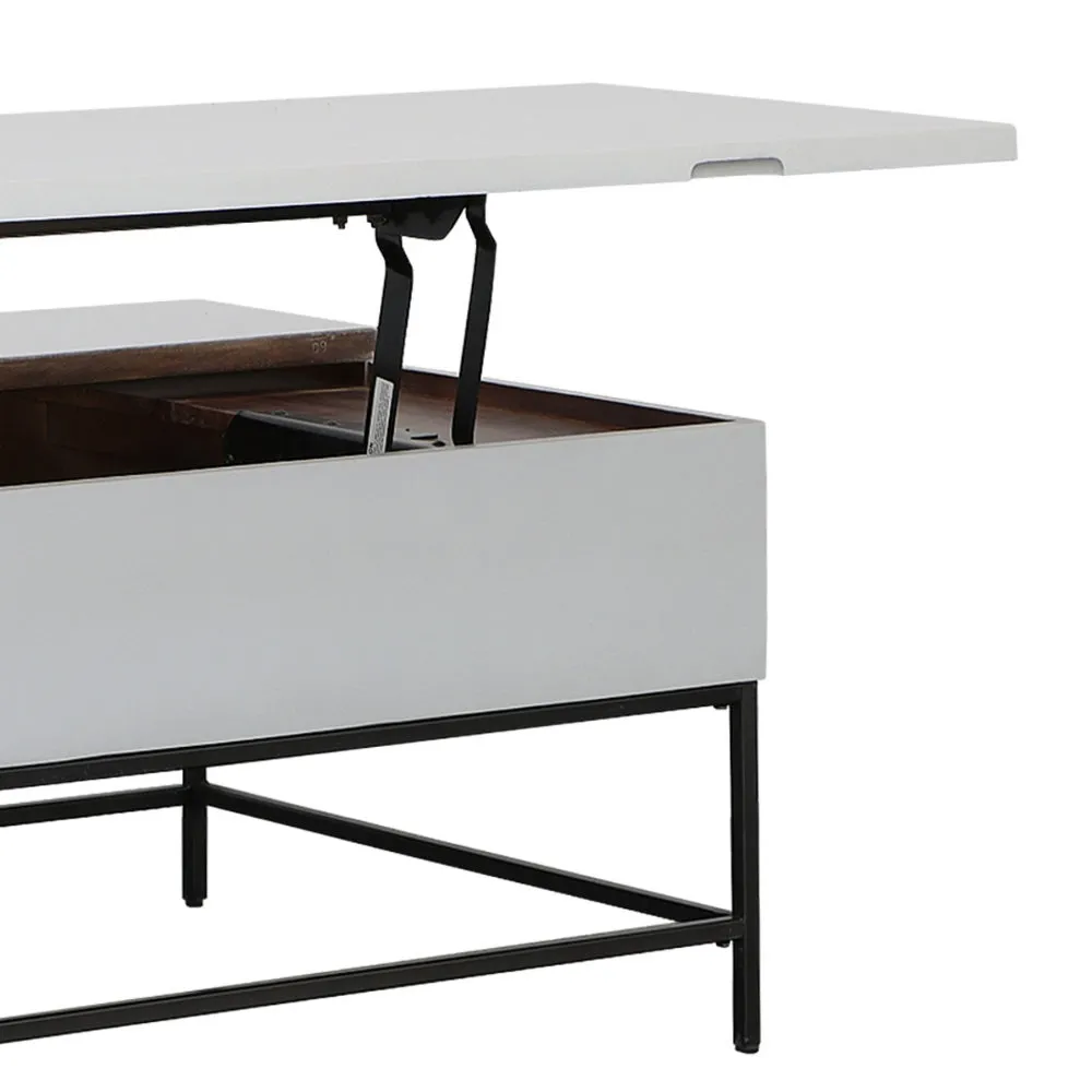 45 Inch Rectangular Mango Wood Coffee Table, Lift Top Storage, Iron Frame, White, Black - UPT-229062