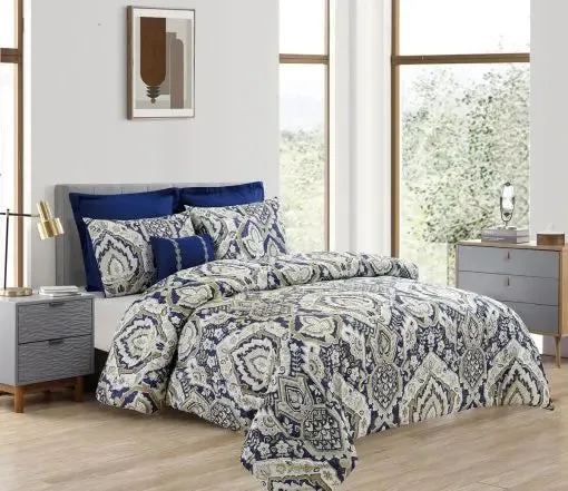7-Piece Queen Jacquard Comforter Set Blue Bedding Collection