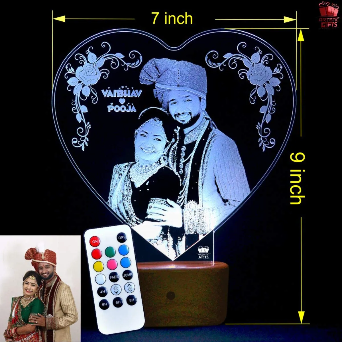 Artistic Gifts Wood Arcylic Heart Shape 3D Illusion Photo Frame Led Lamp Multicolored 16 Color Changing Customized And Personalized With Any Photo&Name For Anniversary Gift,Couple Gift,Marriage Gift.