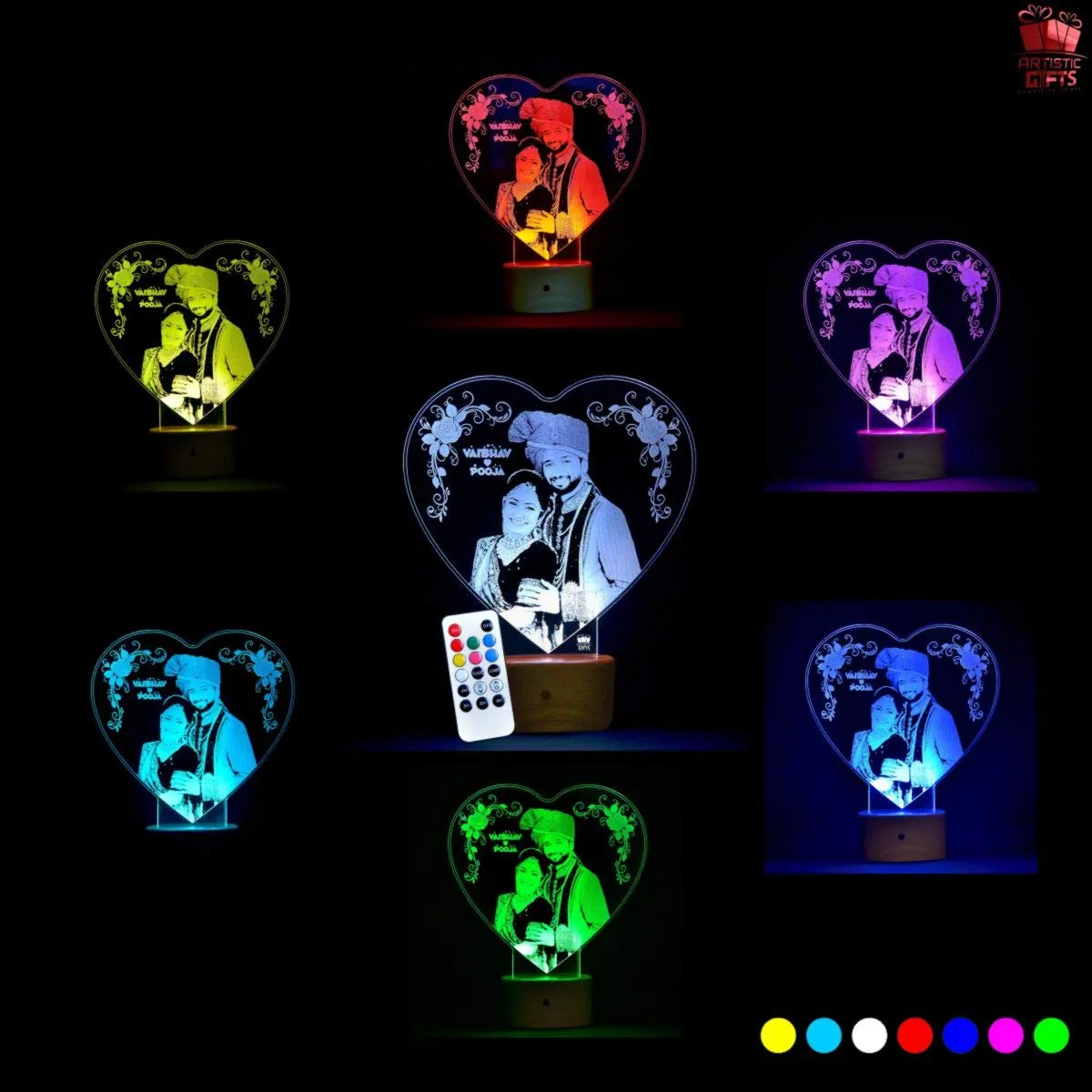 Artistic Gifts Wood Arcylic Heart Shape 3D Illusion Photo Frame Led Lamp Multicolored 16 Color Changing Customized And Personalized With Any Photo&Name For Anniversary Gift,Couple Gift,Marriage Gift.