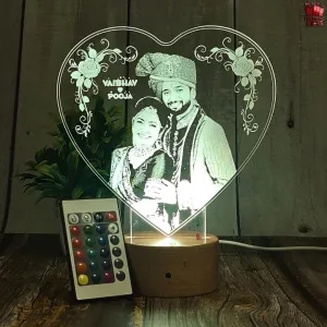 Artistic Gifts Wood Arcylic Heart Shape 3D Illusion Photo Frame Led Lamp Multicolored 16 Color Changing Customized And Personalized With Any Photo&Name For Anniversary Gift,Couple Gift,Marriage Gift.