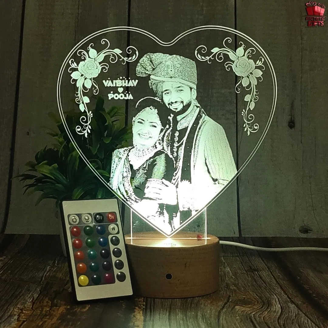 Artistic Gifts Wood Arcylic Heart Shape 3D Illusion Photo Frame Led Lamp Multicolored 16 Color Changing Customized And Personalized With Any Photo&Name For Anniversary Gift,Couple Gift,Marriage Gift.