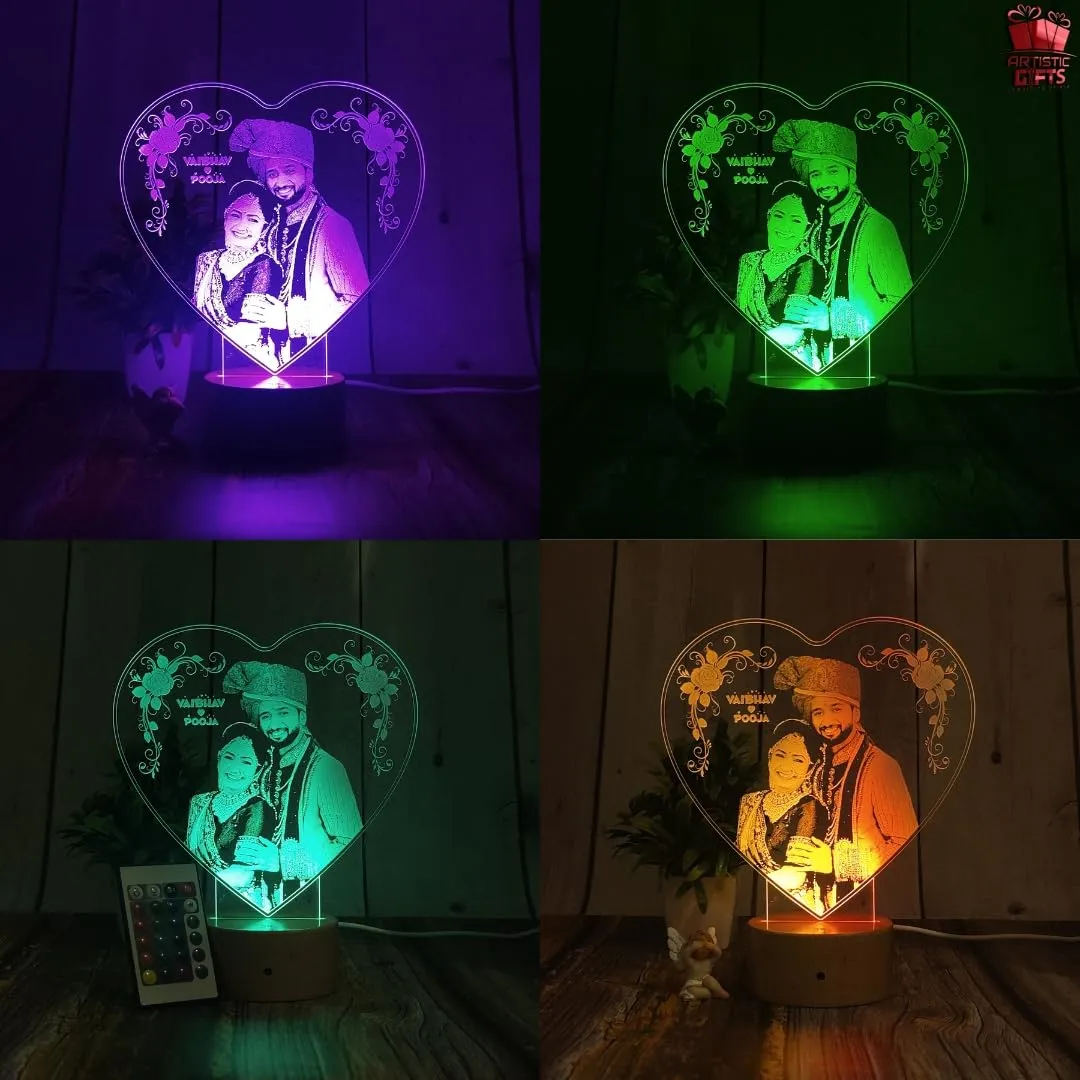 Artistic Gifts Wood Arcylic Heart Shape 3D Illusion Photo Frame Led Lamp Multicolored 16 Color Changing Customized And Personalized With Any Photo&Name For Anniversary Gift,Couple Gift,Marriage Gift.