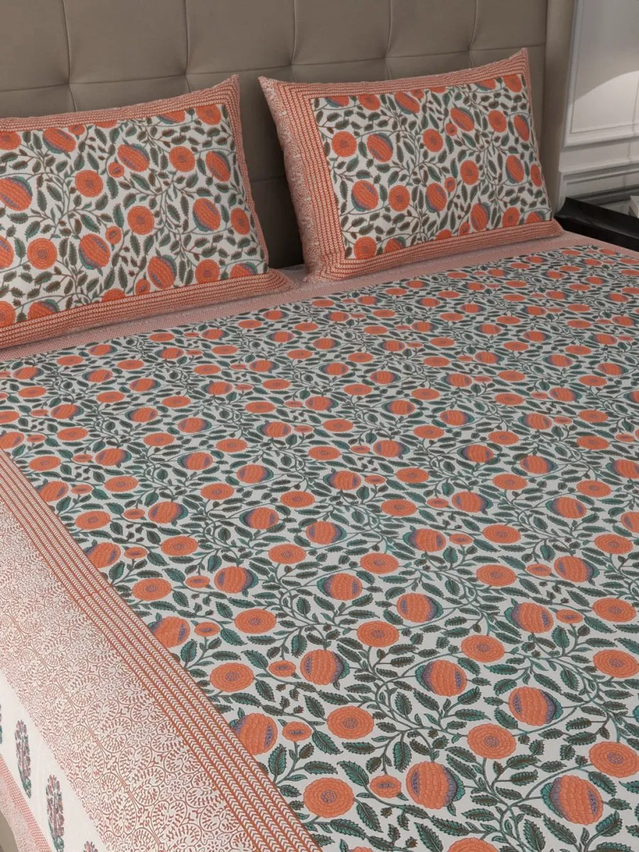 Beige Elegant Hand Block Paisley Print Cotton Super King Size Bedding Set