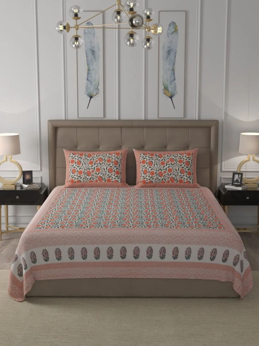 Beige Elegant Hand Block Paisley Print Cotton Super King Size Bedding Set