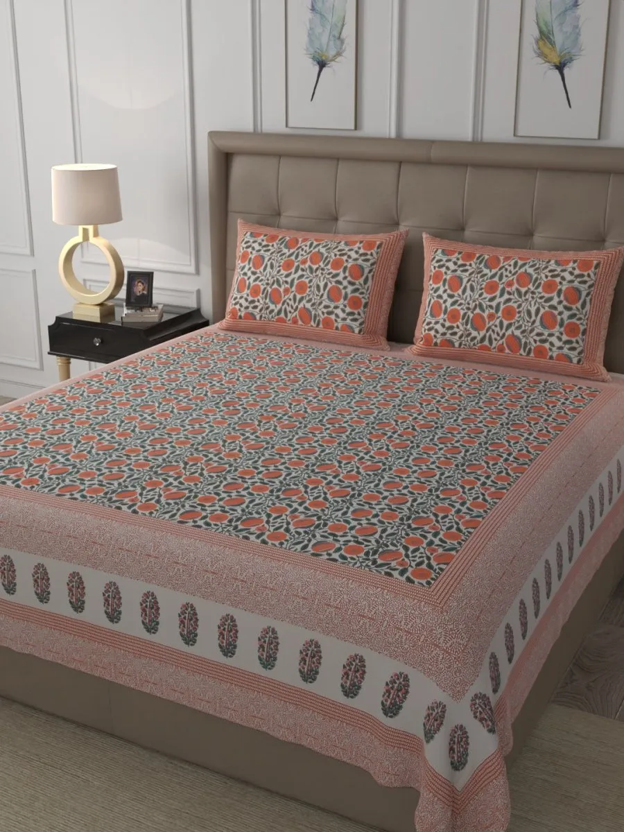 Beige Elegant Hand Block Paisley Print Cotton Super King Size Bedding Set