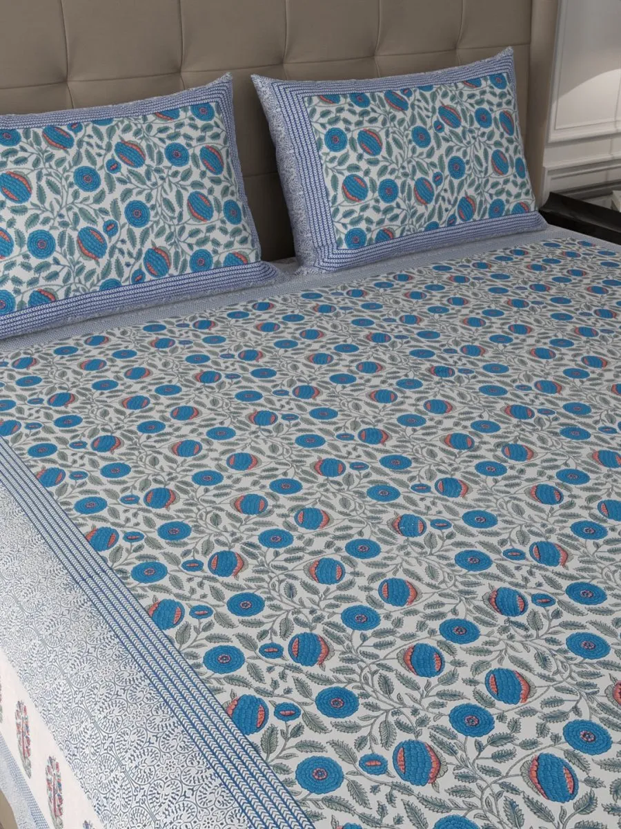 Blue Elegant Hand Block Paisley Print Cotton Super King Size Bedding Set