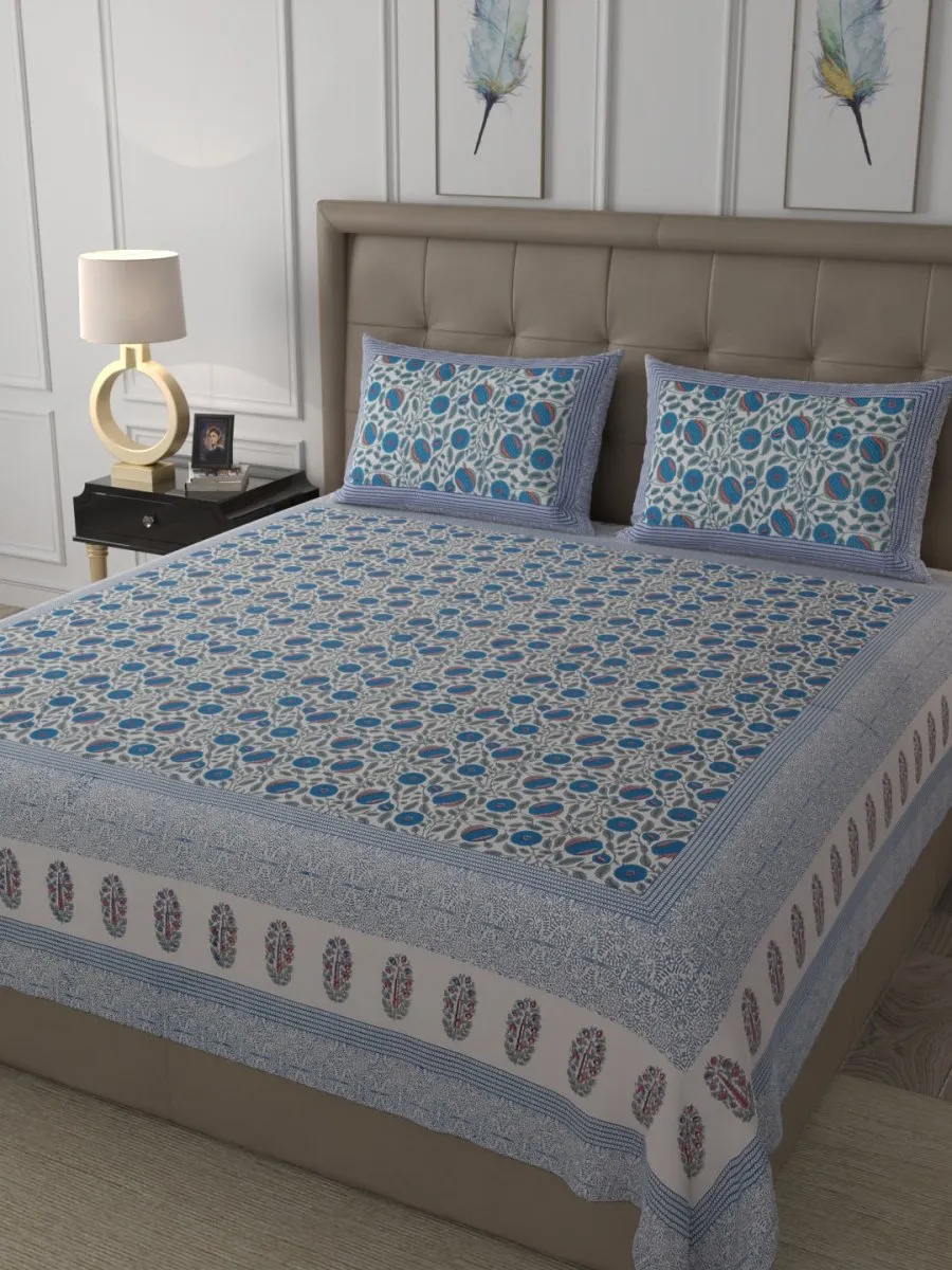 Blue Elegant Hand Block Paisley Print Cotton Super King Size Bedding Set