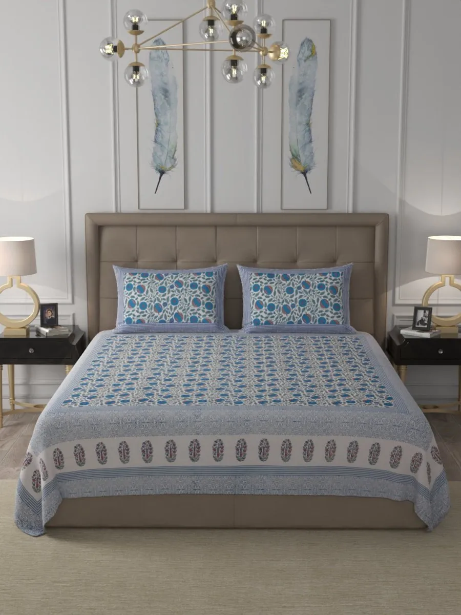 Blue Elegant Hand Block Paisley Print Cotton Super King Size Bedding Set
