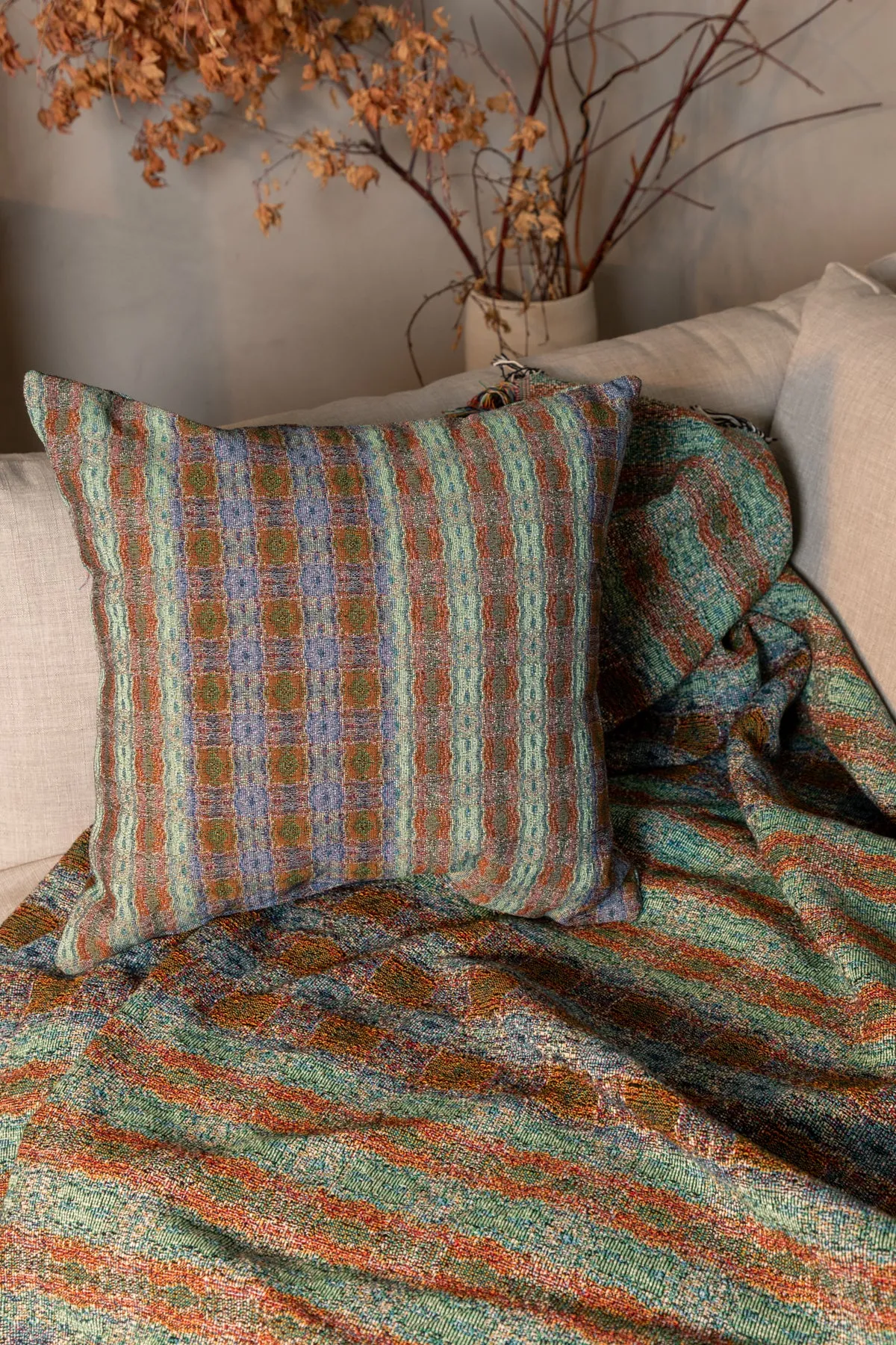 Bluegreen Plaid Woven Throw Pillow