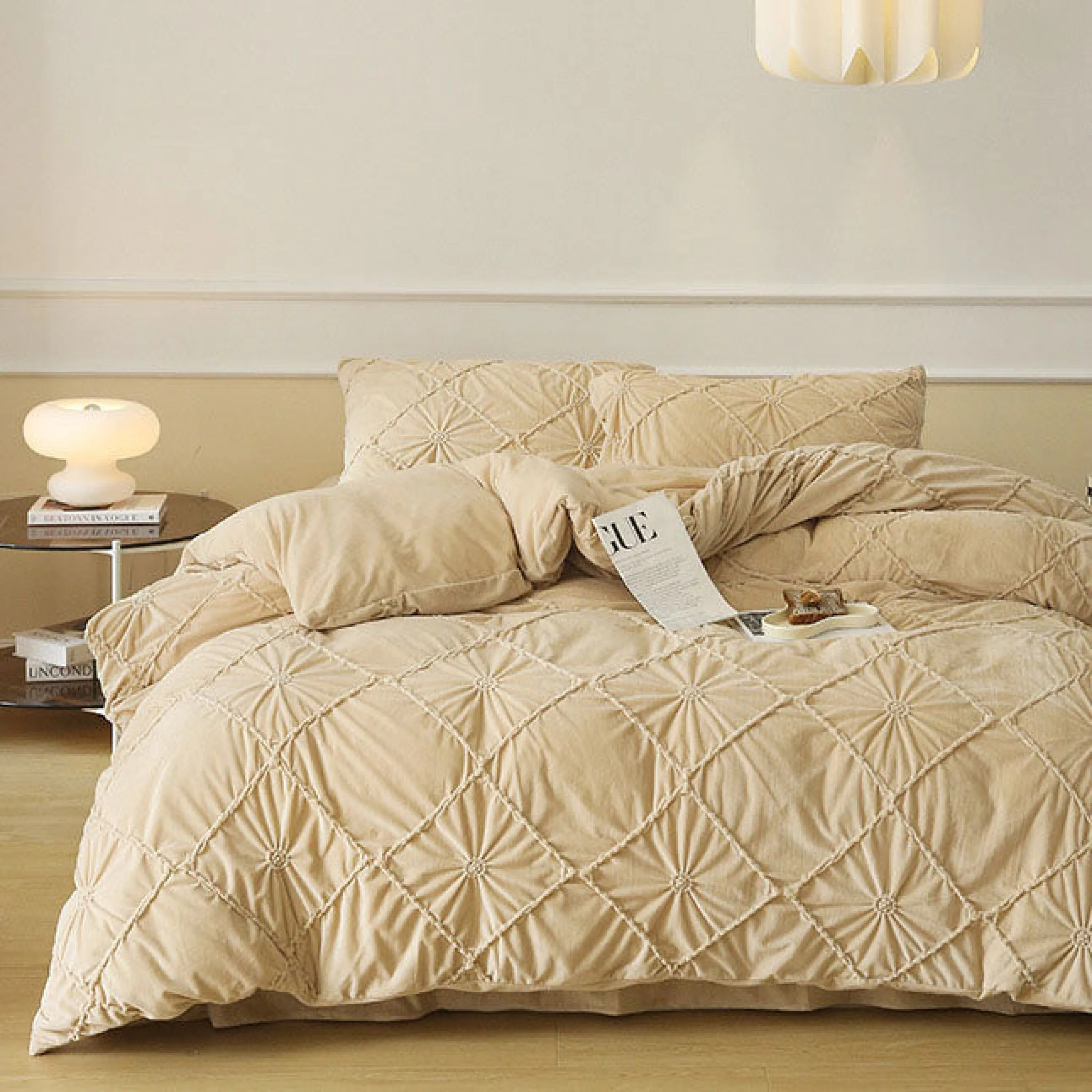 Boho Braided Velvet Bedding Set / Pink