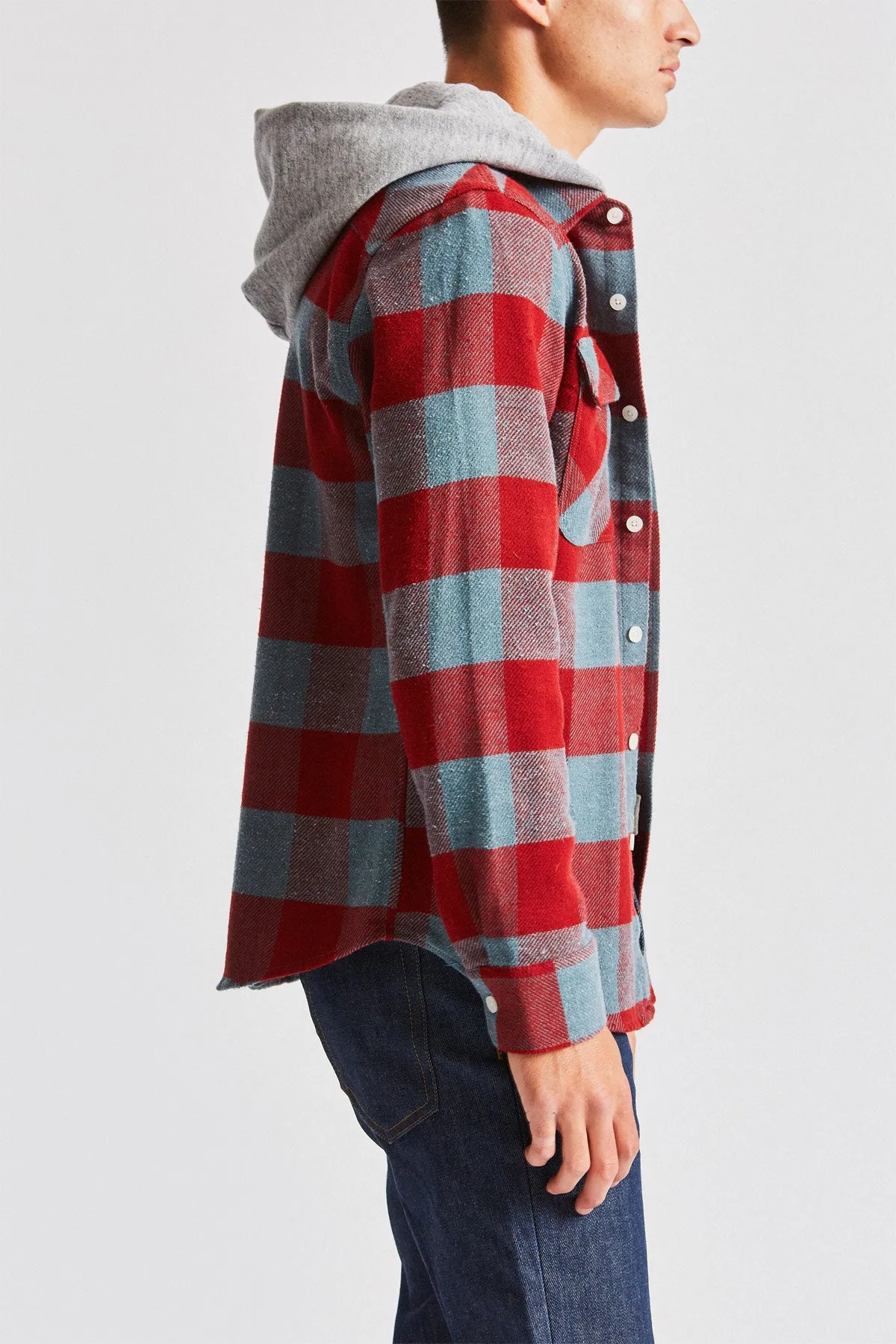 Bowery Hood L/S Flannel - Blue Haze/Cardinal