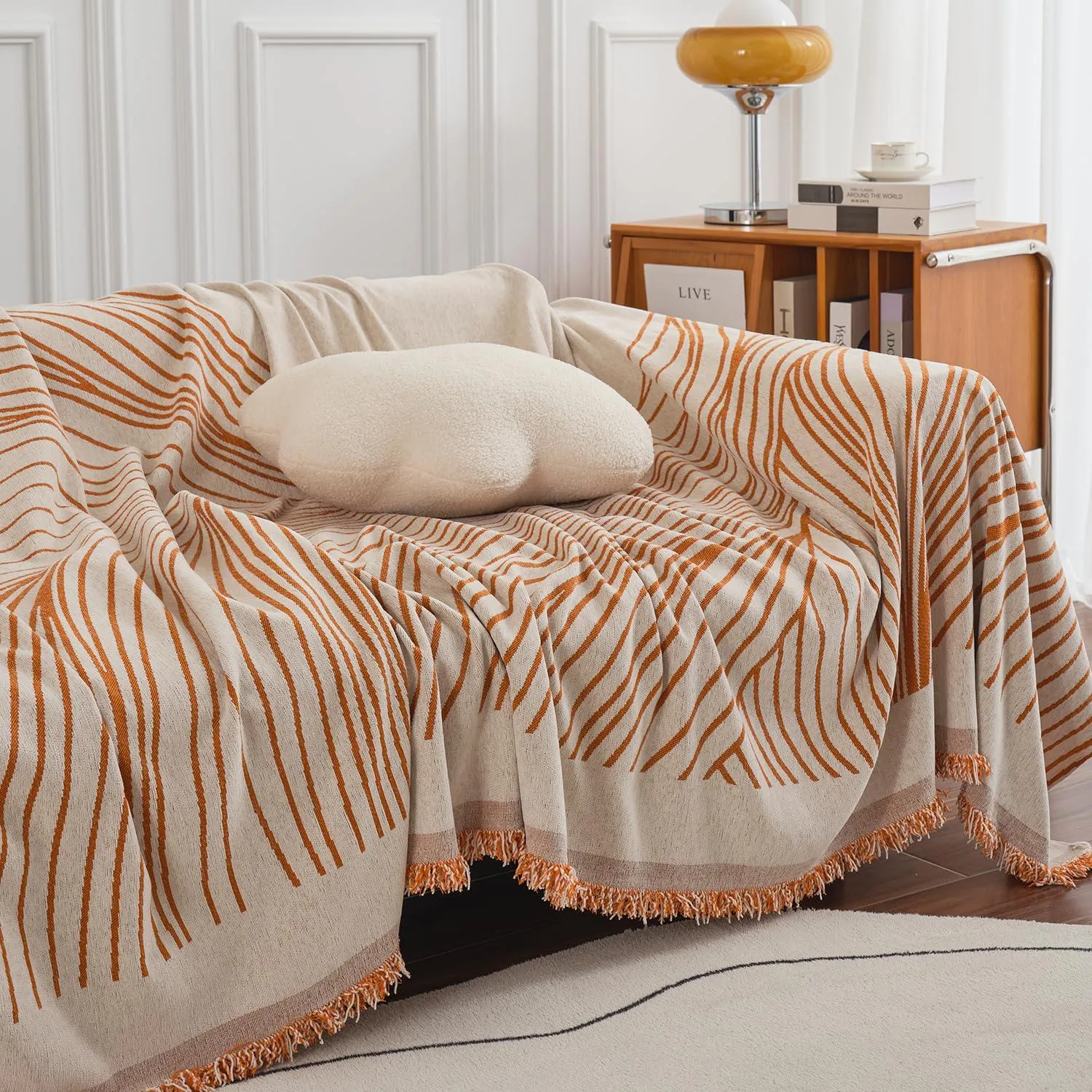 Burnt Copper, Wavy Print Chenille Sofa Throw Cover for 1/2/3-Seater Sofa