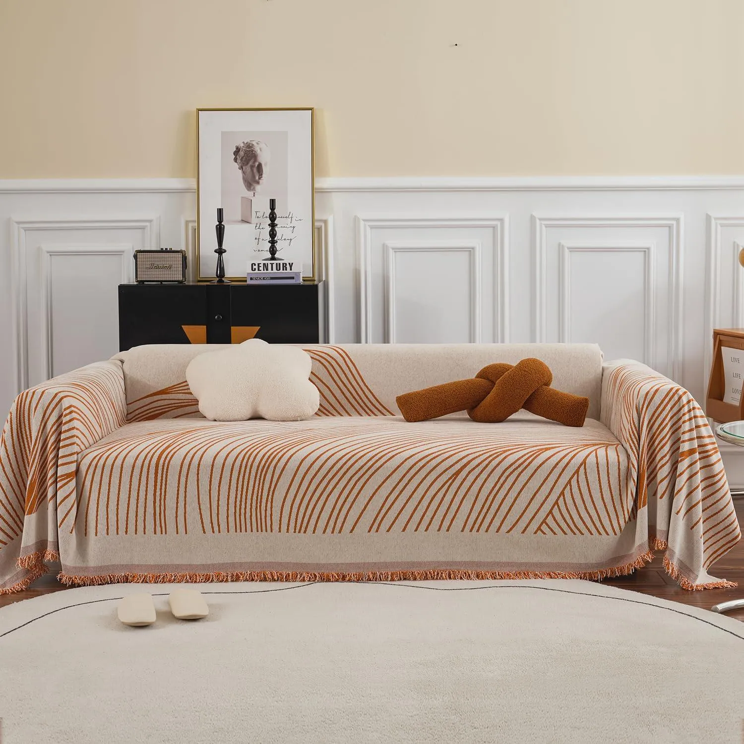 Burnt Copper, Wavy Print Chenille Sofa Throw Cover for 1/2/3-Seater Sofa