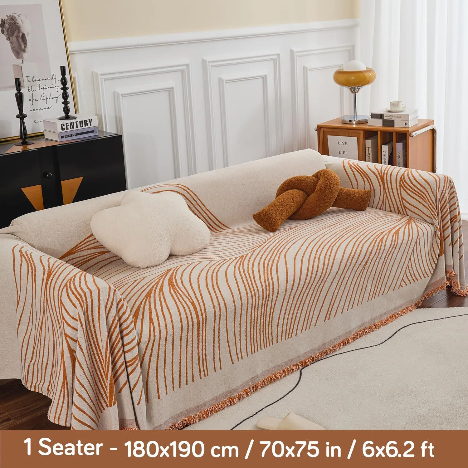 Burnt Copper, Wavy Print Chenille Sofa Throw Cover for 1/2/3-Seater Sofa