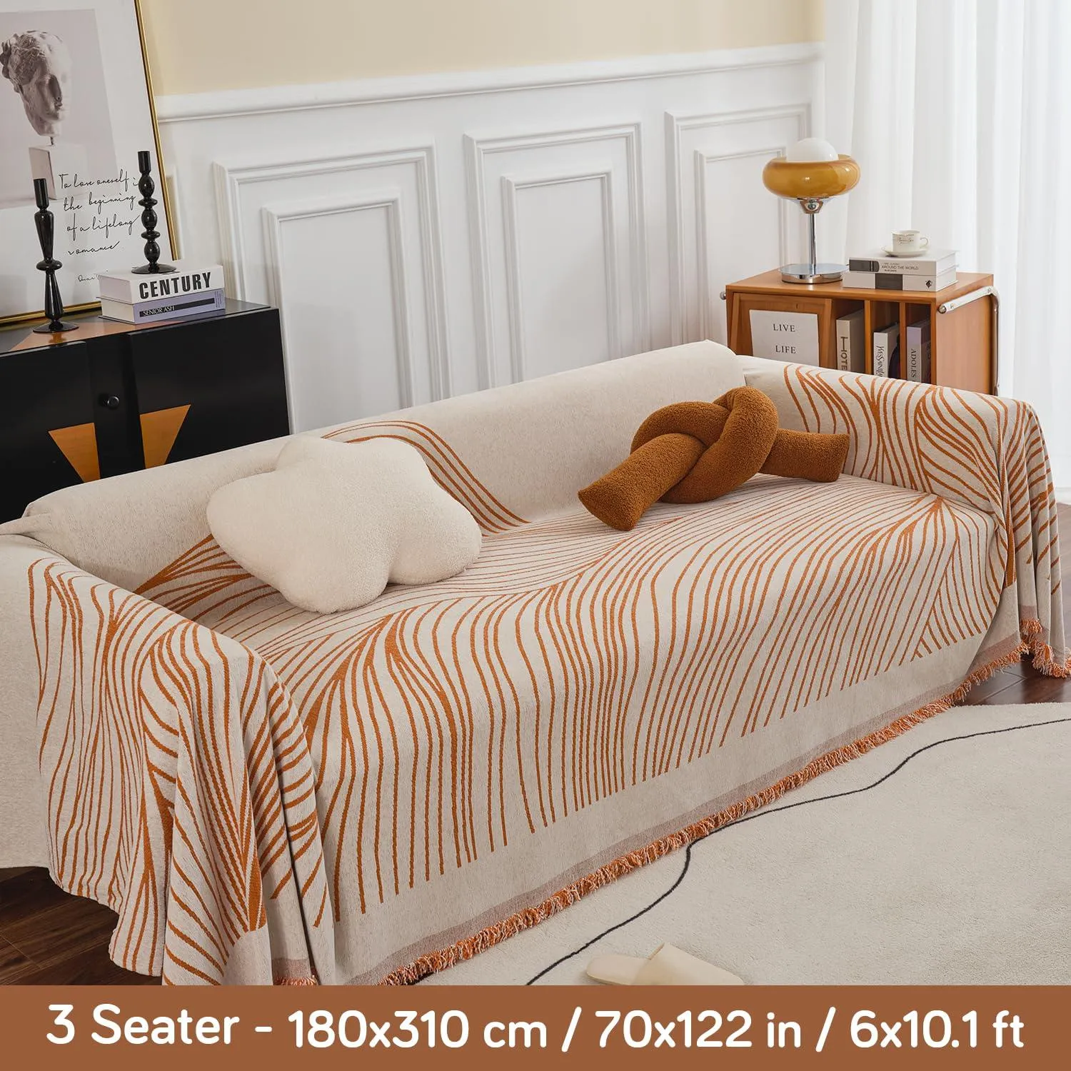Burnt Copper, Wavy Print Chenille Sofa Throw Cover for 1/2/3-Seater Sofa
