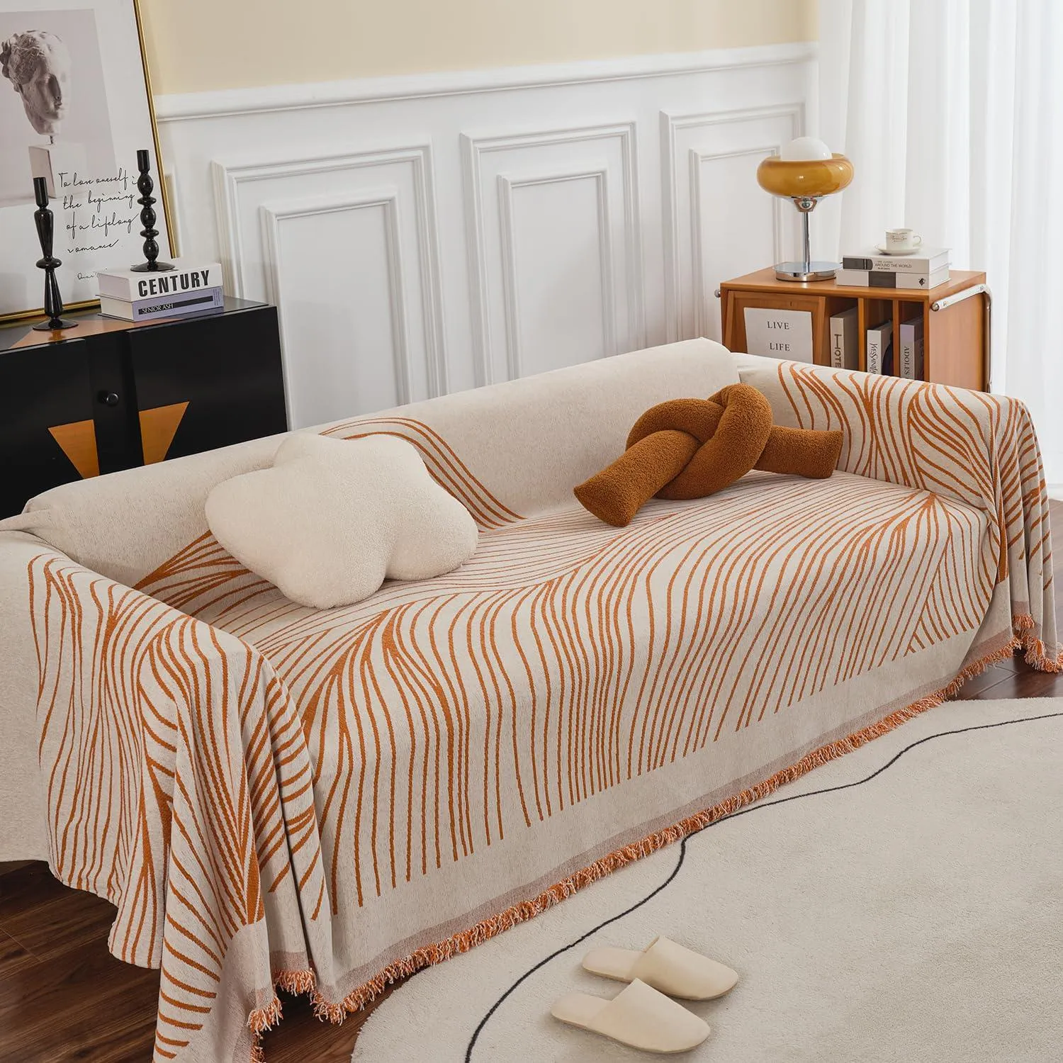 Burnt Copper, Wavy Print Chenille Sofa Throw Cover for 1/2/3-Seater Sofa