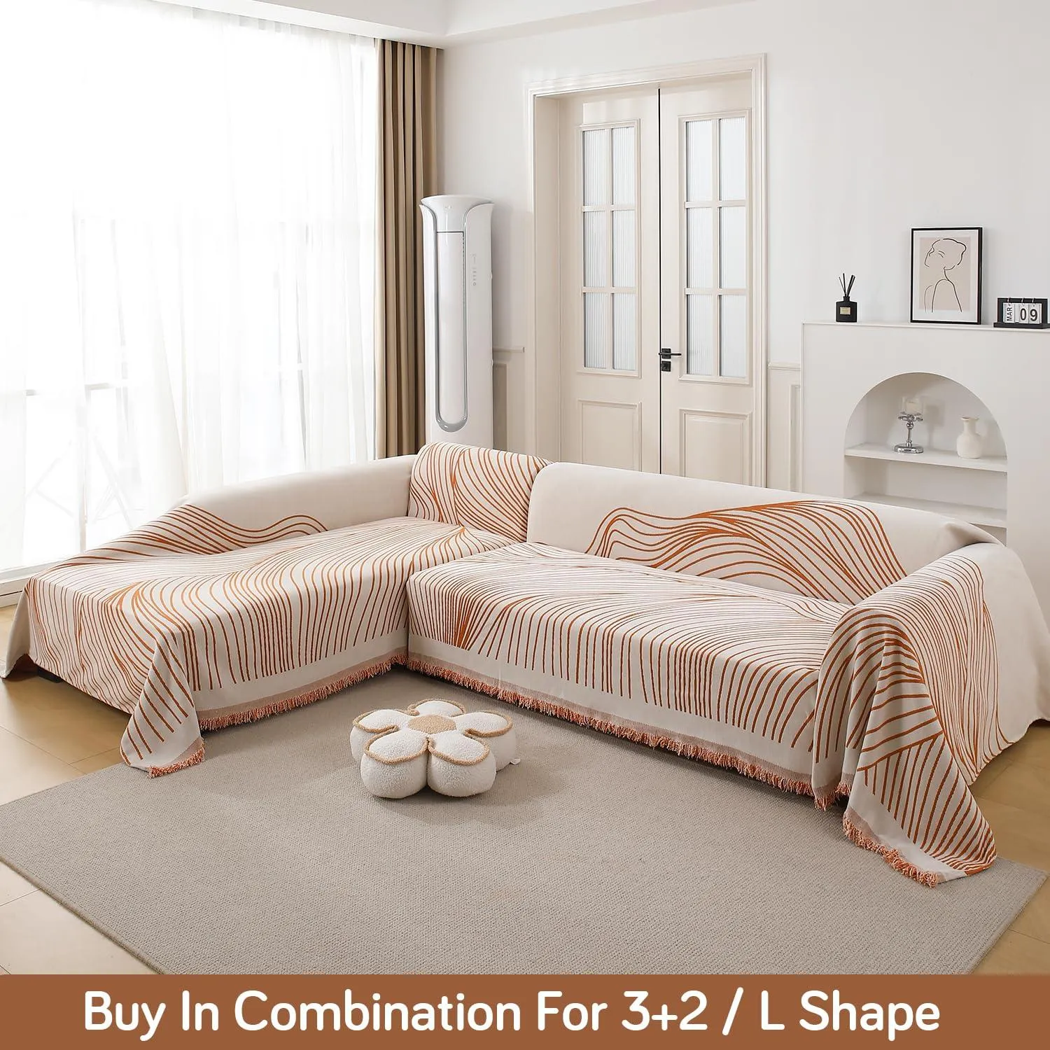 Burnt Copper, Wavy Print Chenille Sofa Throw Cover for 1/2/3-Seater Sofa