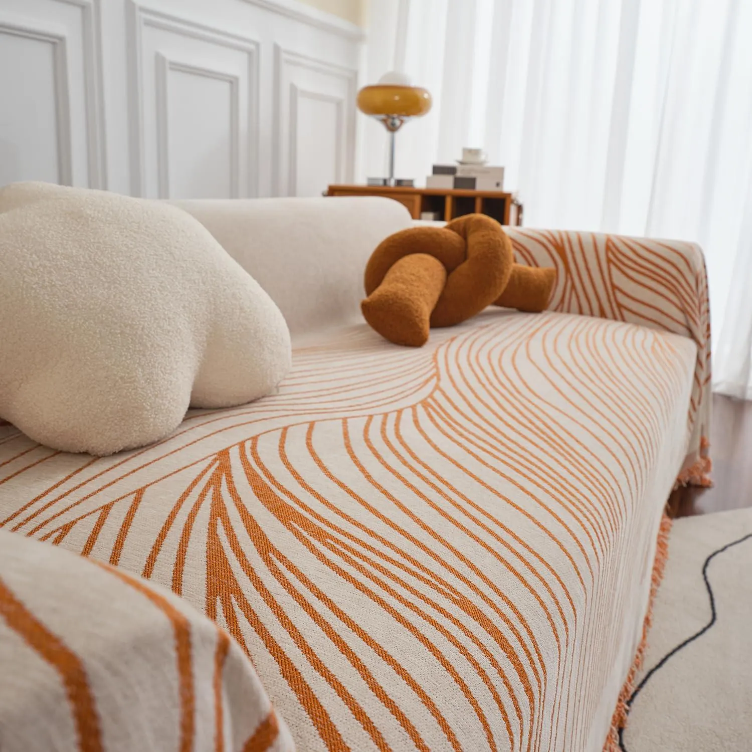 Burnt Copper, Wavy Print Chenille Sofa Throw Cover for 1/2/3-Seater Sofa