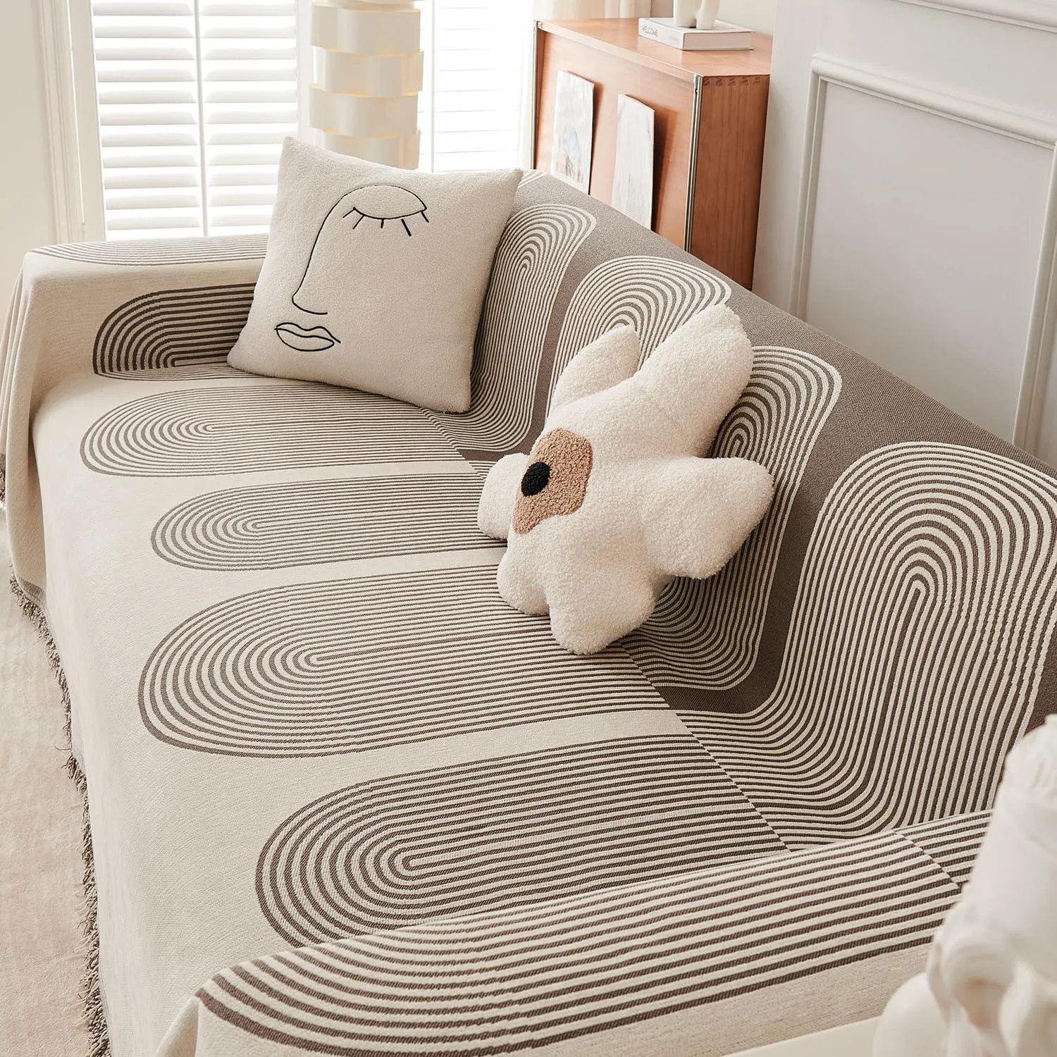 Coffee, Abstract Line Print Chenille Sofa Throw | All-Season Fabric