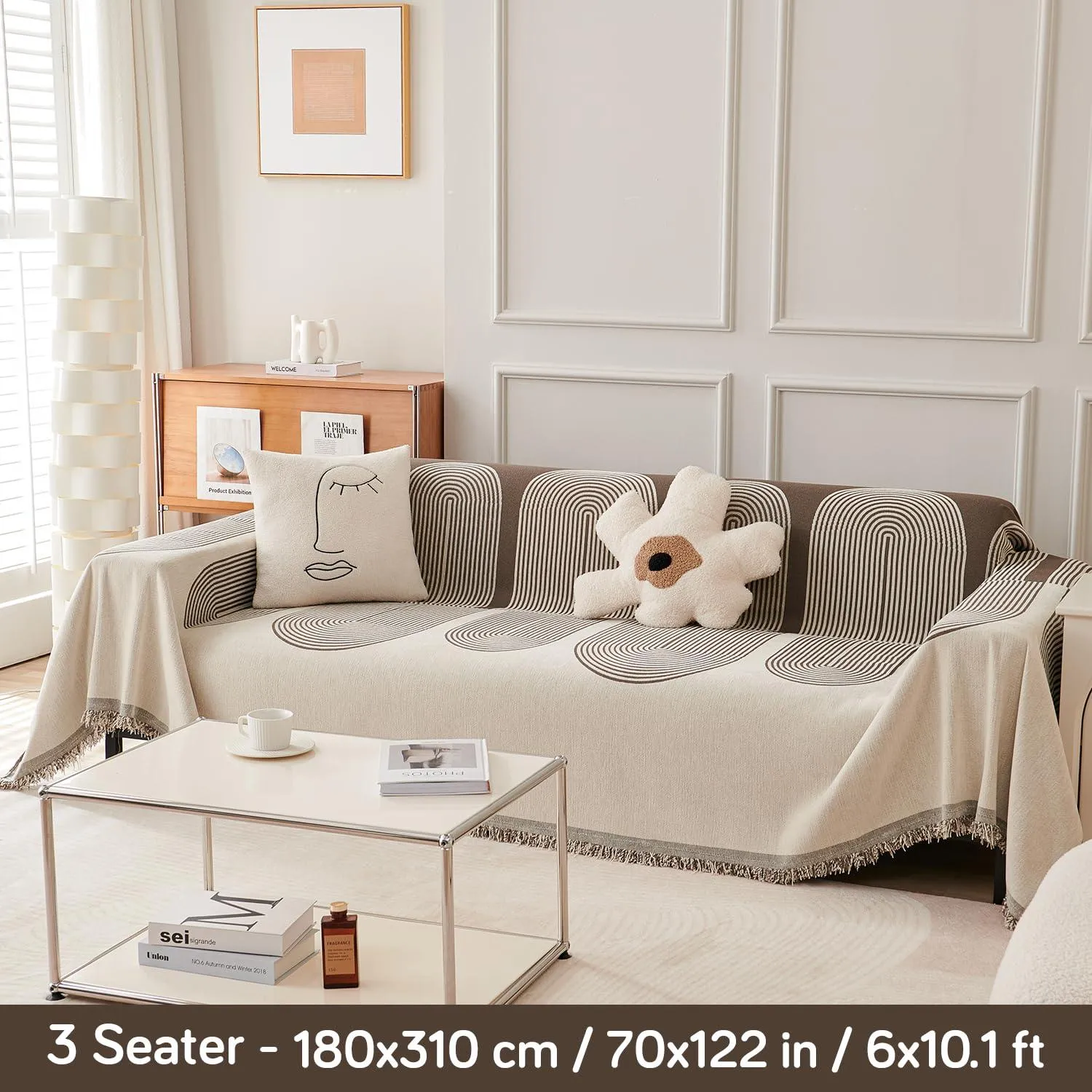 Coffee, Abstract Line Print Chenille Sofa Throw | All-Season Fabric