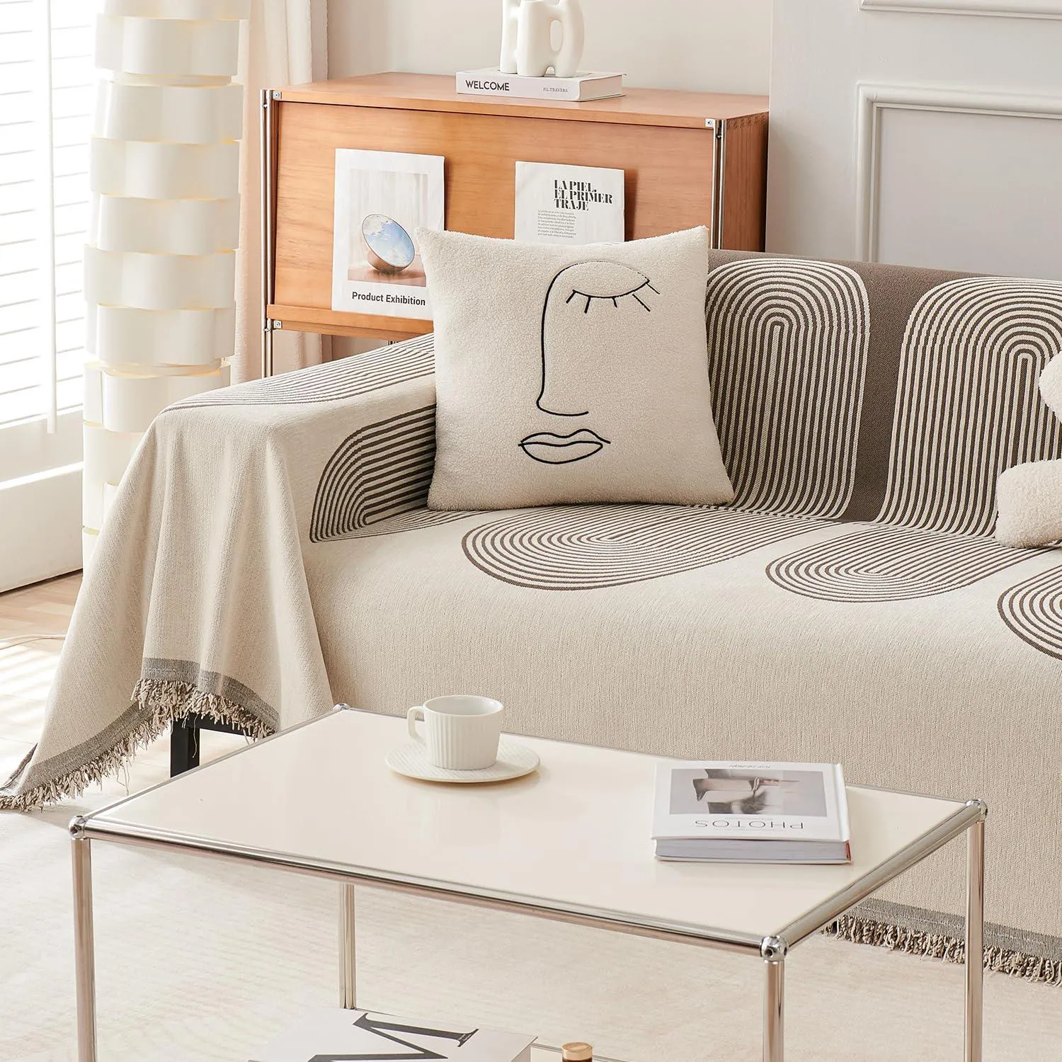 Coffee, Abstract Line Print Chenille Sofa Throw | All-Season Fabric