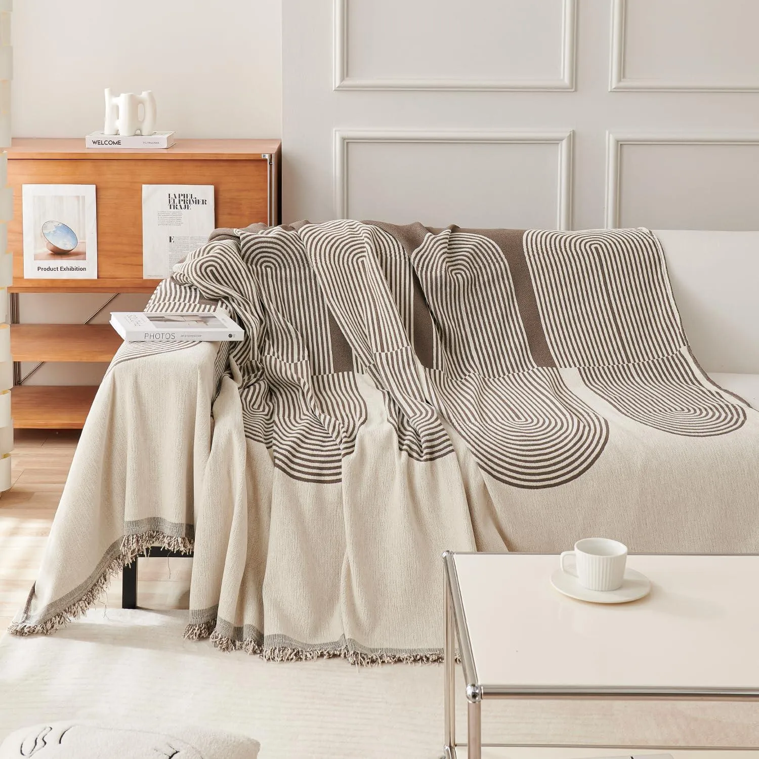 Coffee, Abstract Line Print Chenille Sofa Throw | All-Season Fabric