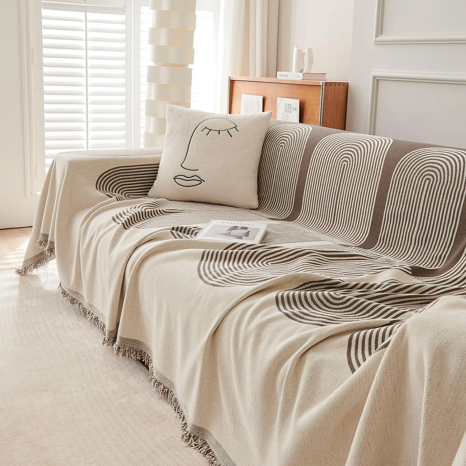Coffee, Abstract Line Print Chenille Sofa Throw | All-Season Fabric