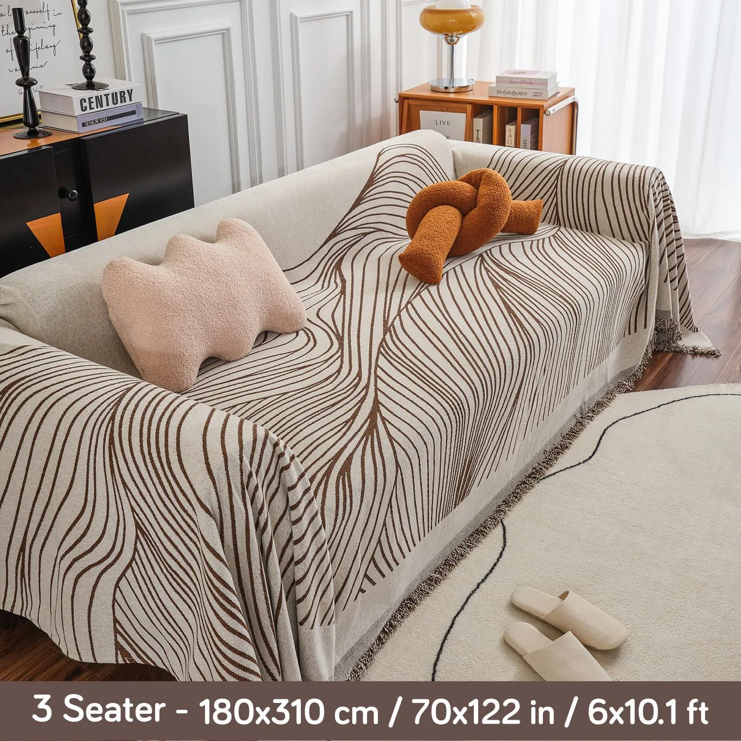 Coffee Colour, Wavy Print, All-Season Chenille Sofa Throw | Anti-Slip