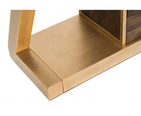 Contemporary Brass Wooden Z-Shaped Hallway Console Table with Drawers