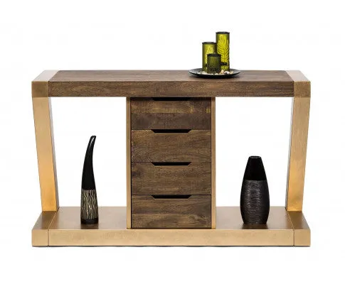 Contemporary Brass Wooden Z-Shaped Hallway Console Table with Drawers
