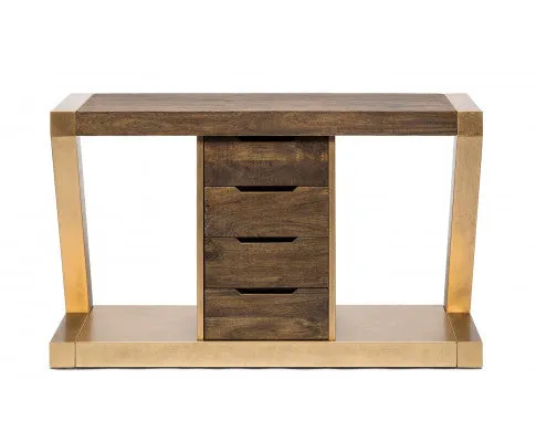 Contemporary Brass Wooden Z-Shaped Hallway Console Table with Drawers