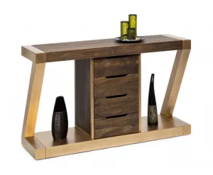 Contemporary Brass Wooden Z-Shaped Hallway Console Table with Drawers