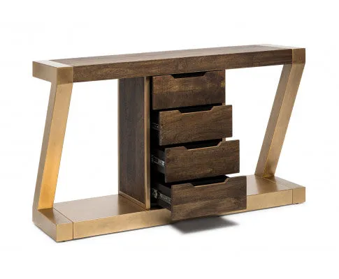 Contemporary Brass Wooden Z-Shaped Hallway Console Table with Drawers