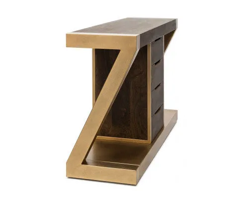 Contemporary Brass Wooden Z-Shaped Hallway Console Table with Drawers
